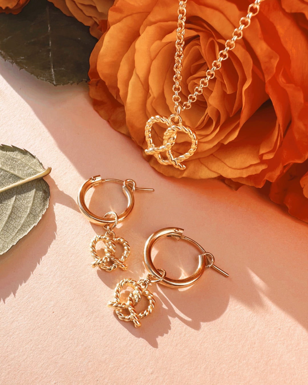 14k gold fill pretzel heart earring charms on gold fill hoop Huggie earrings