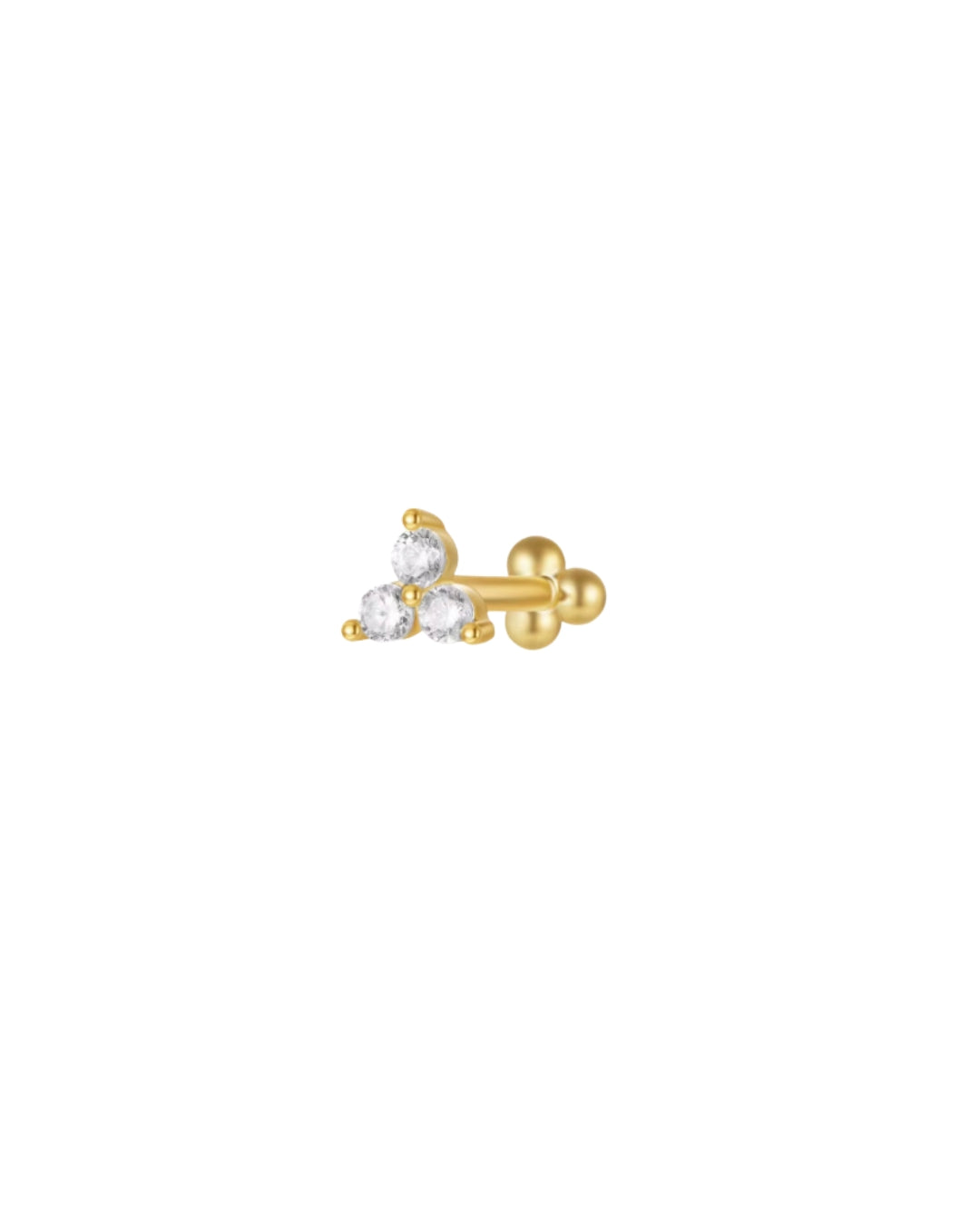 Reversible gold vermeil flatback stud earring featuring a front trio of cubic zirconia crystals and a back trio of polished gold spheres, displayed on a white background.