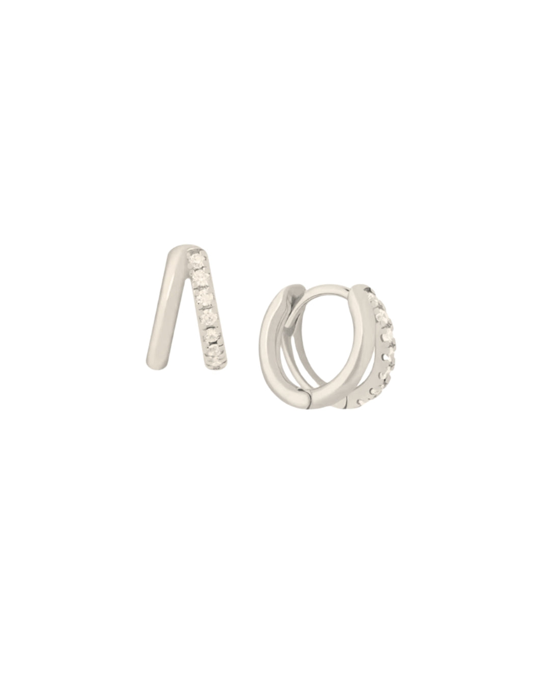 Sterling silver double-band huggie earrings with one pavé side and one polished side, displayed against a white background.