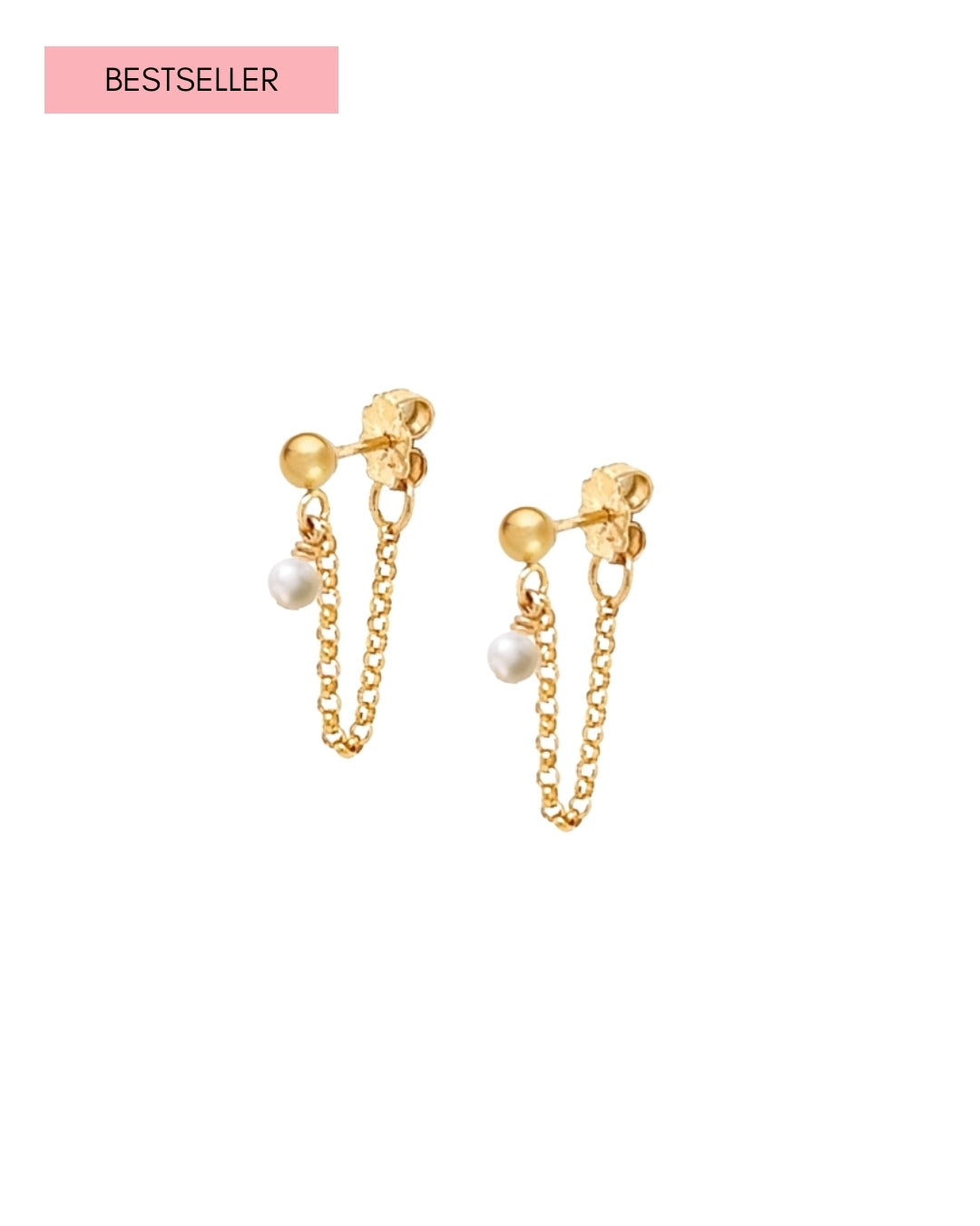 Mini pearl chain stud earring in 14k gold fill, featuring a dainty freshwater pearl with fine chain detail. Perfect for lobe or helix piercing.