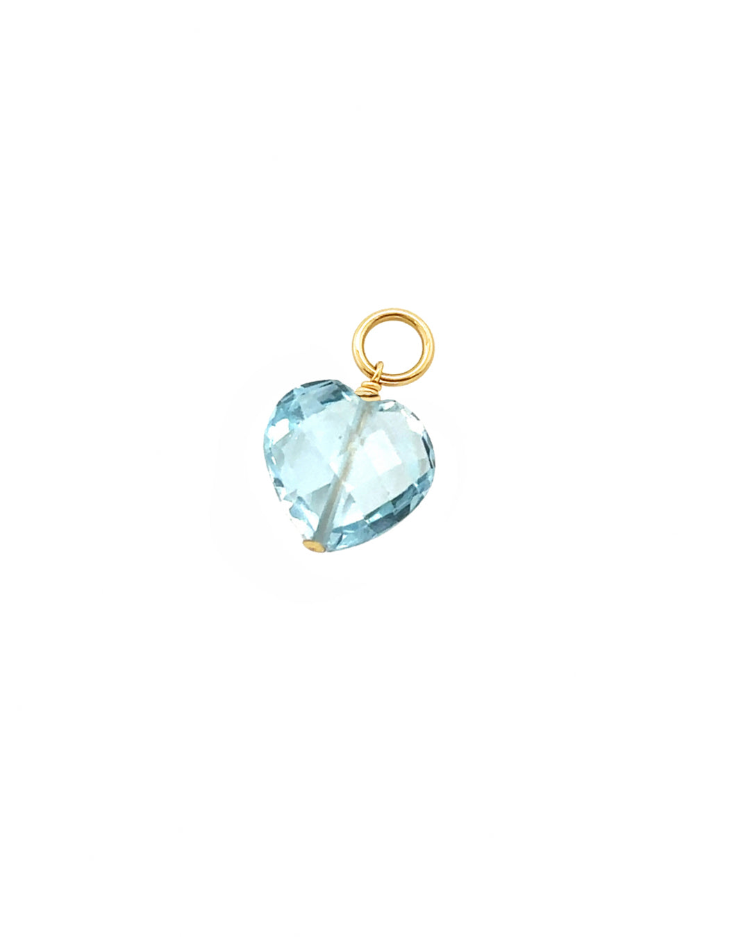 Close-up of a genuine topaz heart earring charm in 14k gold fill, approximately 10mm in size, designed for mix-and-match styling. Light blue gemstone symbolising clarity, strength, and joy, compatible with all hoops in the Mix and Match Earrings collection.