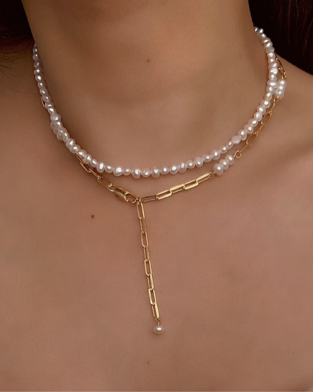 Handcrafted pearl link necklace featuring a trio of freshwater pearls on a delicate paperclip chain, designed in Melbourne, Australia. Elegant, timeless pearl necklace for layering or wearing alone.