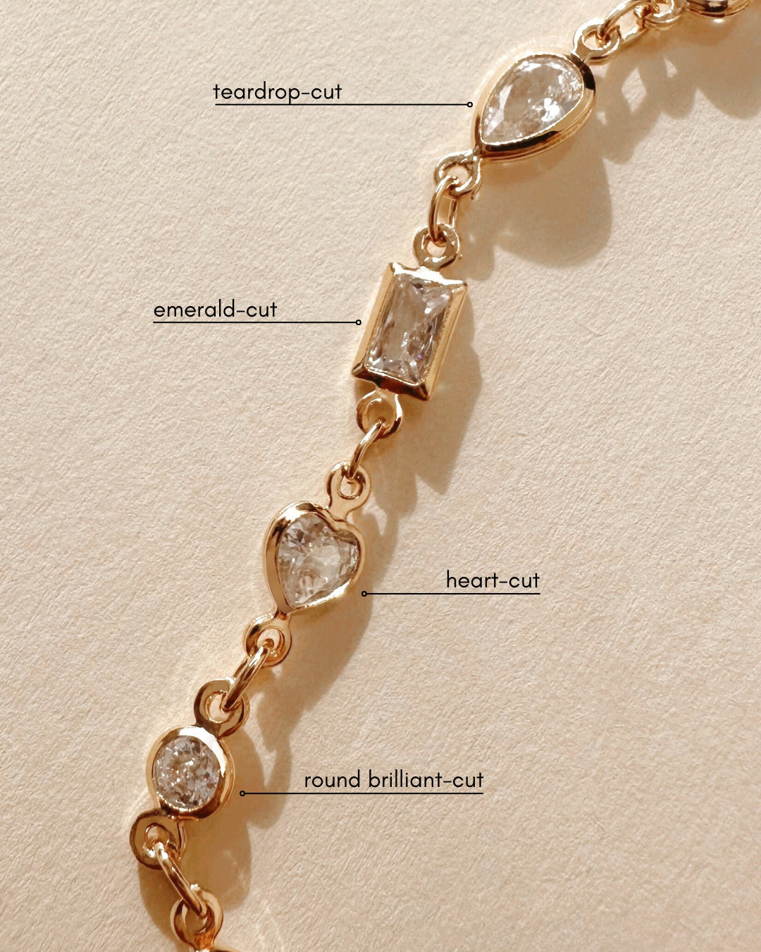 14k yellow gold fill bezel tennis bracelet. Heart, Rectangle, Teardrop, Brilliant cut tennis bracelet. Comes in matching necklace. Made in Australia.