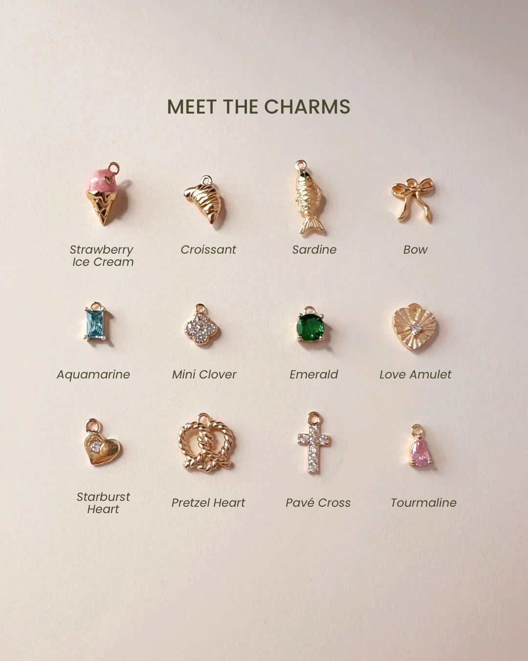 Collection of various charm pendants on a beige background with labels underneath.