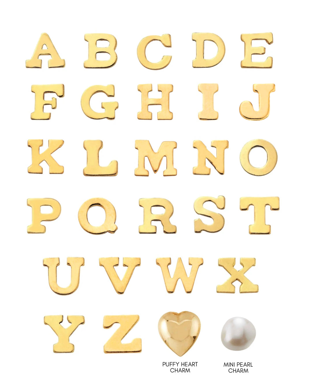 Gold alphabet letter charms A–Z with puffy heart and mini pearl charms for personalised pearl initial choker jewellery