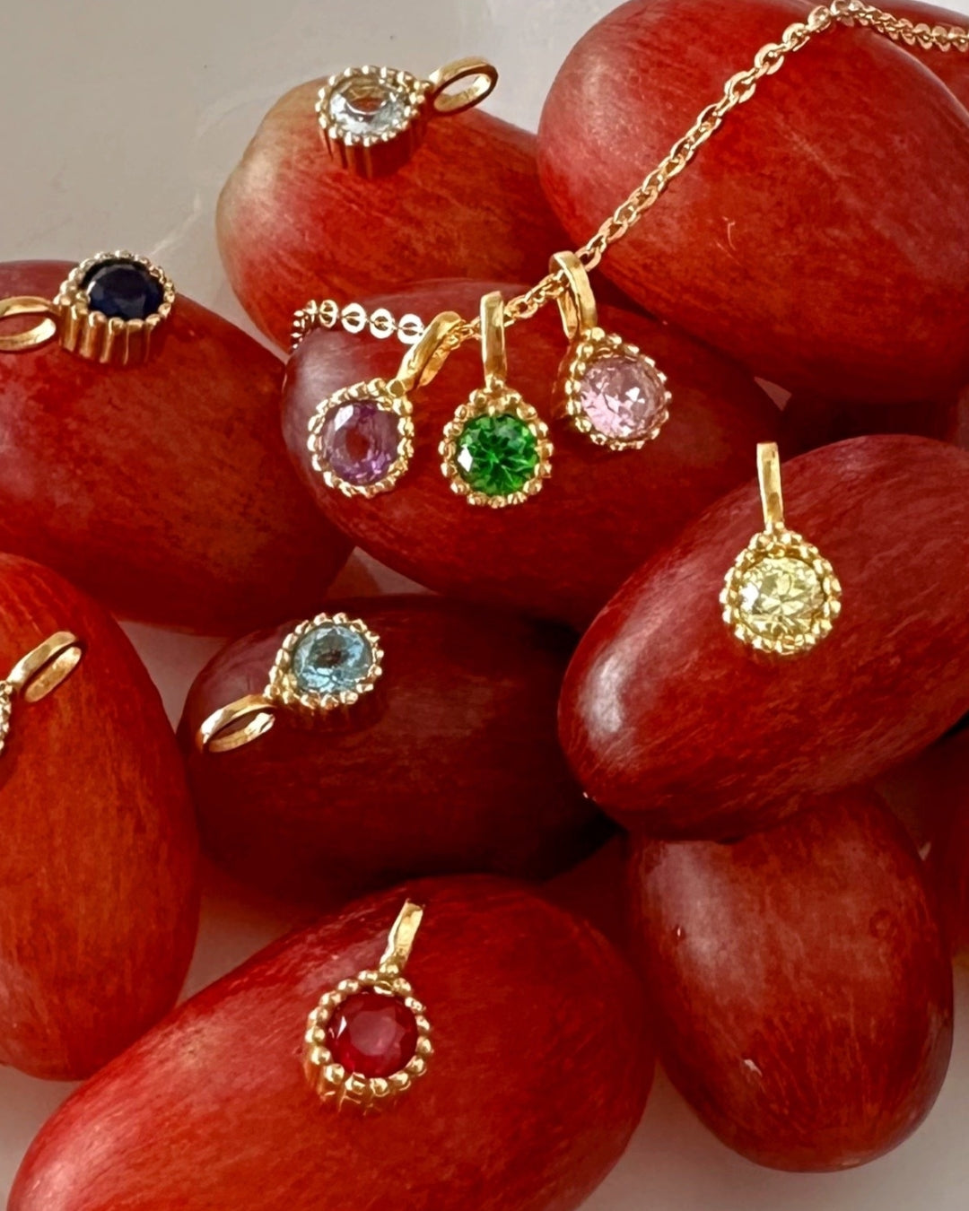 14k gold fill Birthstone Pendants on a cable chain necklace. Designed in Australia.