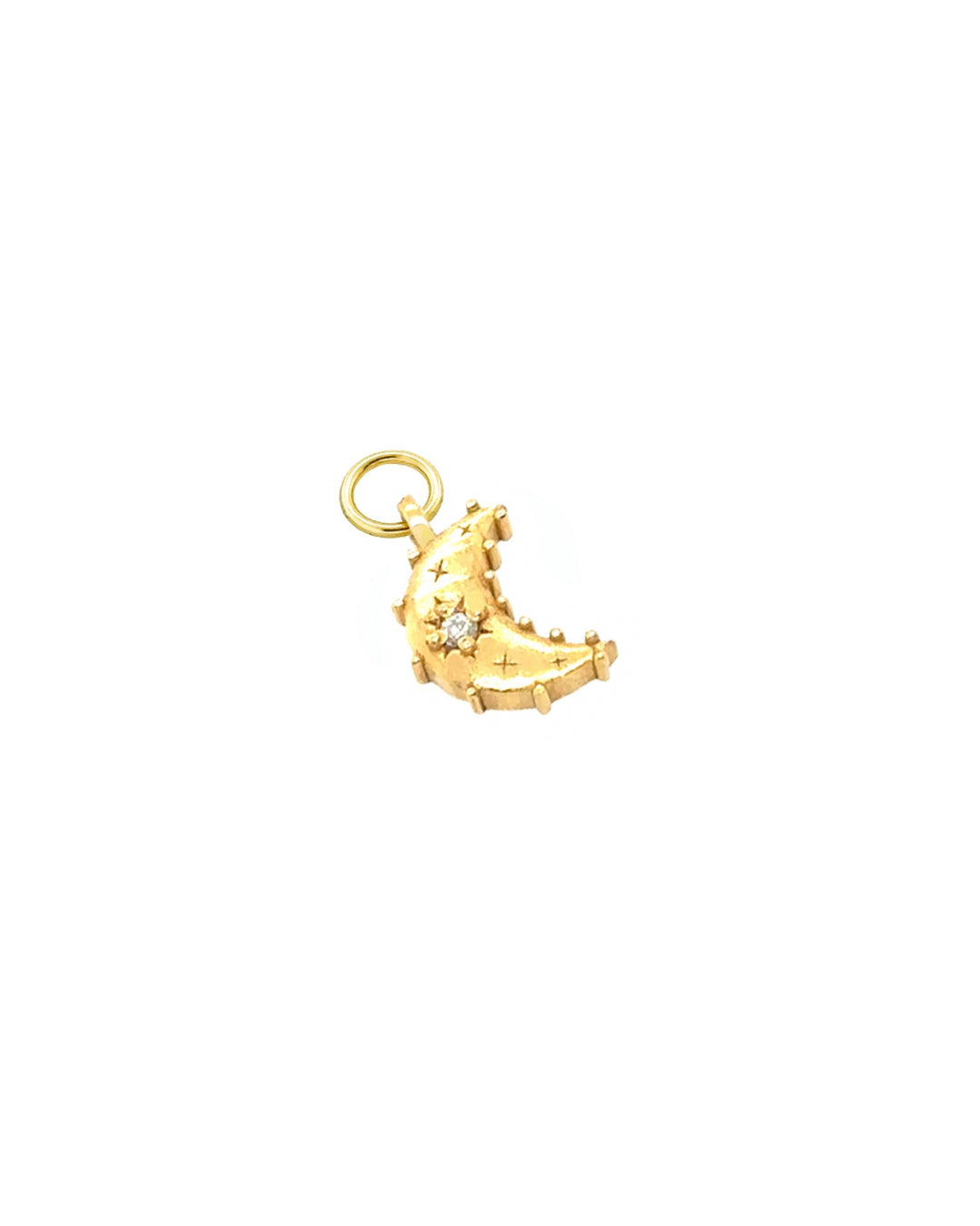 Close-up of the Luna moon earring charm in 14k gold fill, approximately 9mm in size, designed to fit all hoops in the Mix and Match Earrings collection. Celestial moon design symbolising mystery, intuition, and new beginnings.