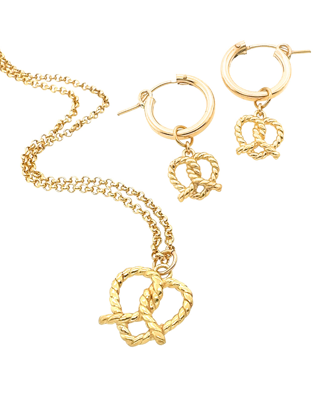 14k gold fill pretzel love heart pendant necklace and charm hoops earrings set. Hypoallergenic, ethically made in Australia, jewellery gift set. Safe for sensitive skin, waterproof jewelry
