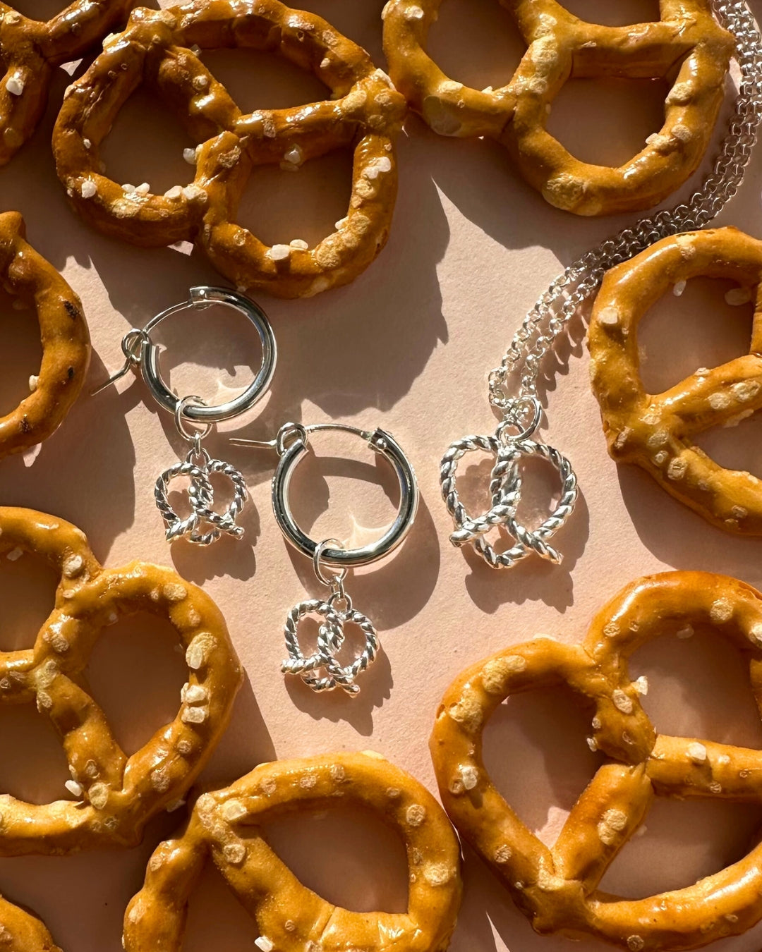 Sterling silver pretzel love heart necklace and earrings set. Ethically made in australia, tarnish resistant, for sensitive skin. Waterproof jewellery.