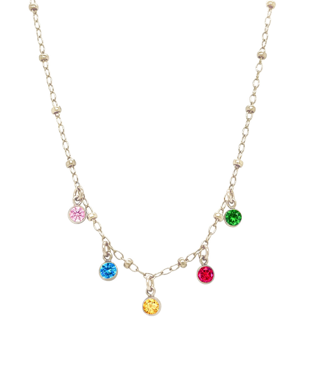 Silver dainty birthstone necklace with up to 9 personalised cubic zirconia charms on a delicate sterling silver chain