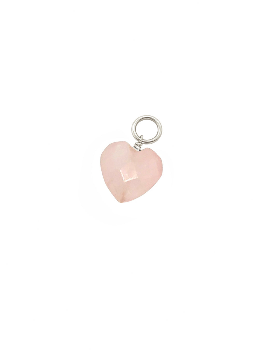 Close up of silver rose quartz heart earring charm. Compatible with Romyli hoops from our Silver Mix and Match Earrings collection.