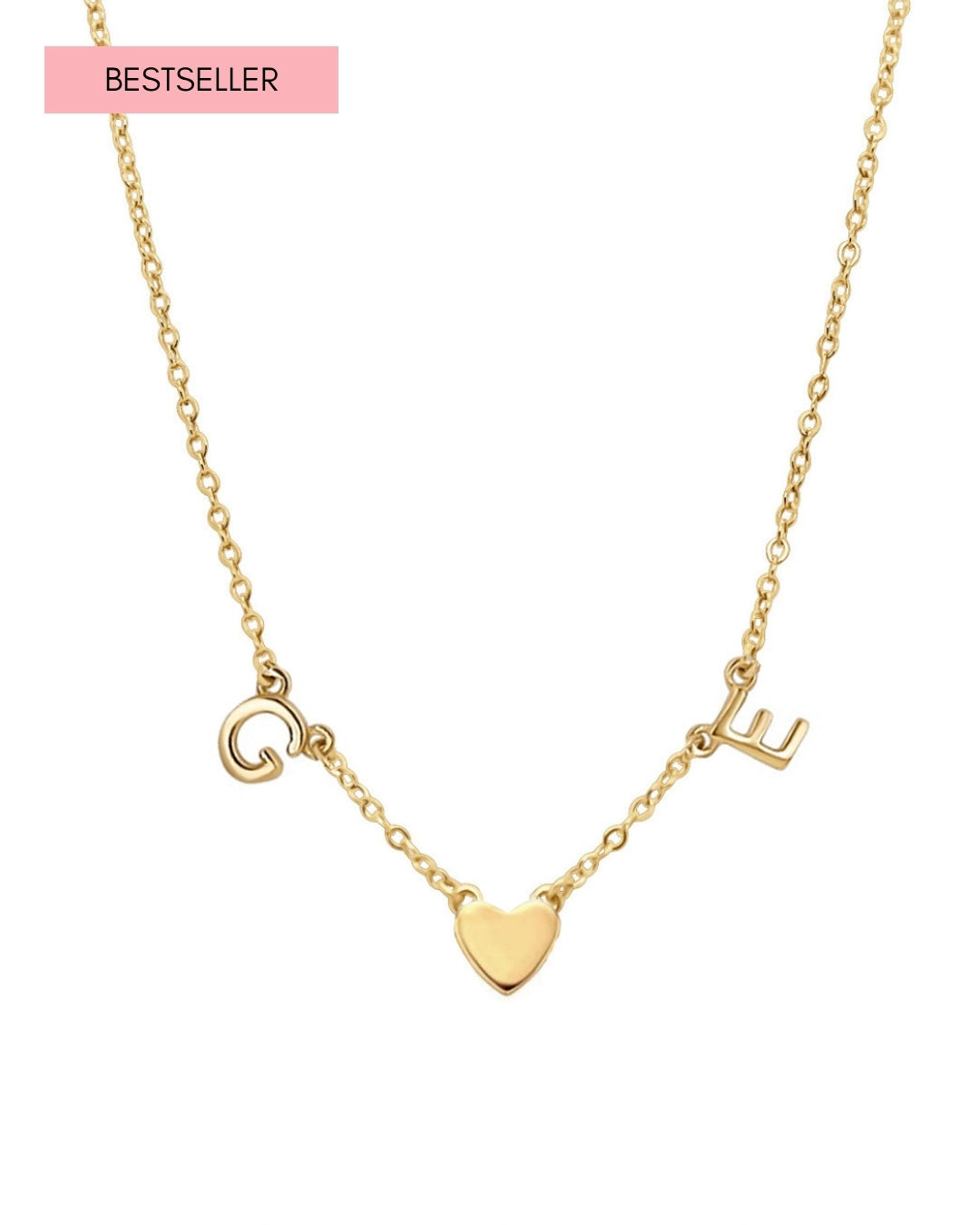Gold-filled necklace with 2 letter charms and 1 gold heart charms evenly spaced on a petite rolo chain, styled on neutral-toned flatlay background