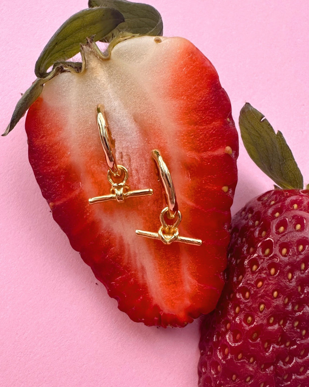 Gold huggie earrings with removable FOB T-bar charm drop