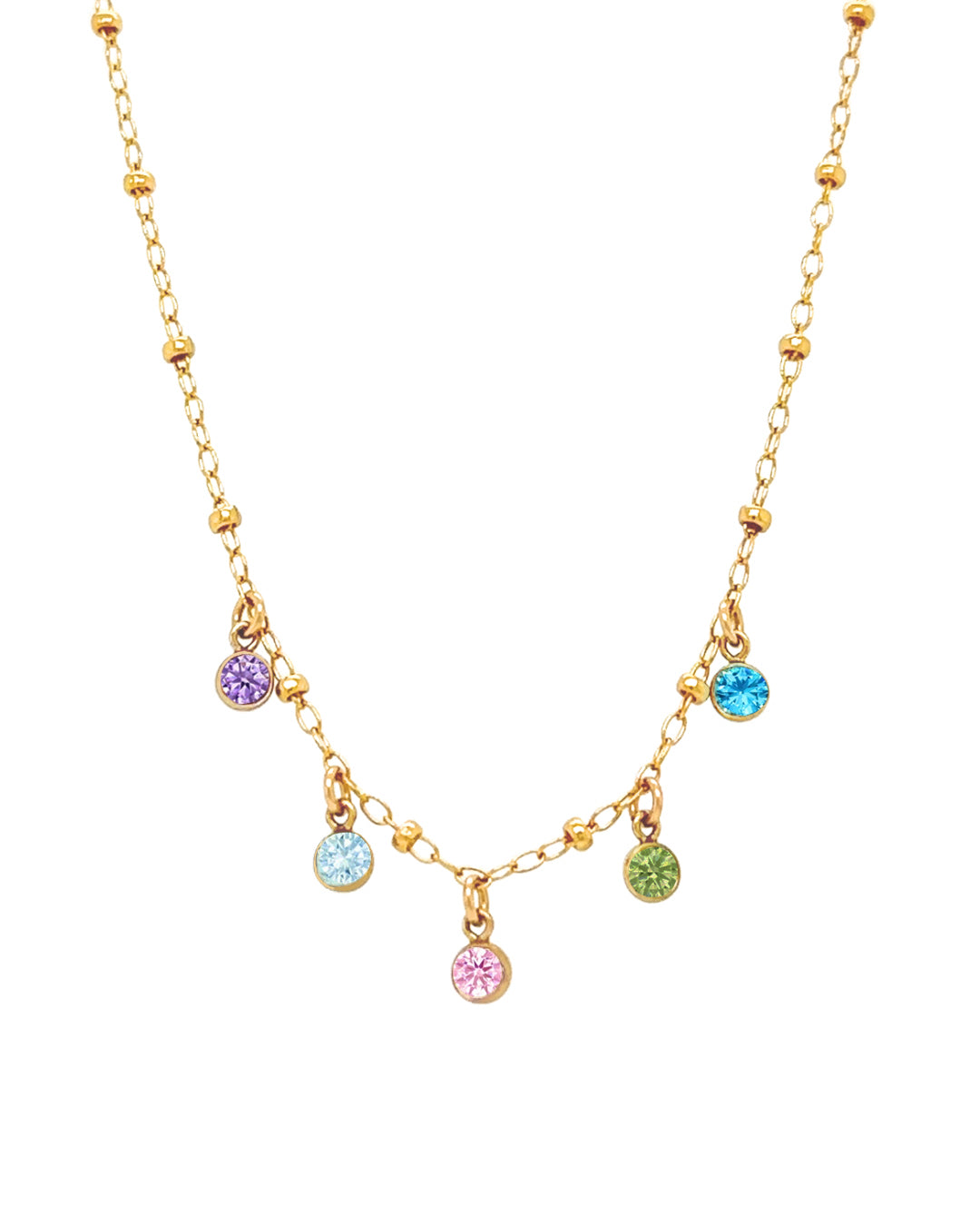 Gold dainty birthstone necklace with up to 9 personalised cubic zirconia charms on a delicate 14k gold-filled chain