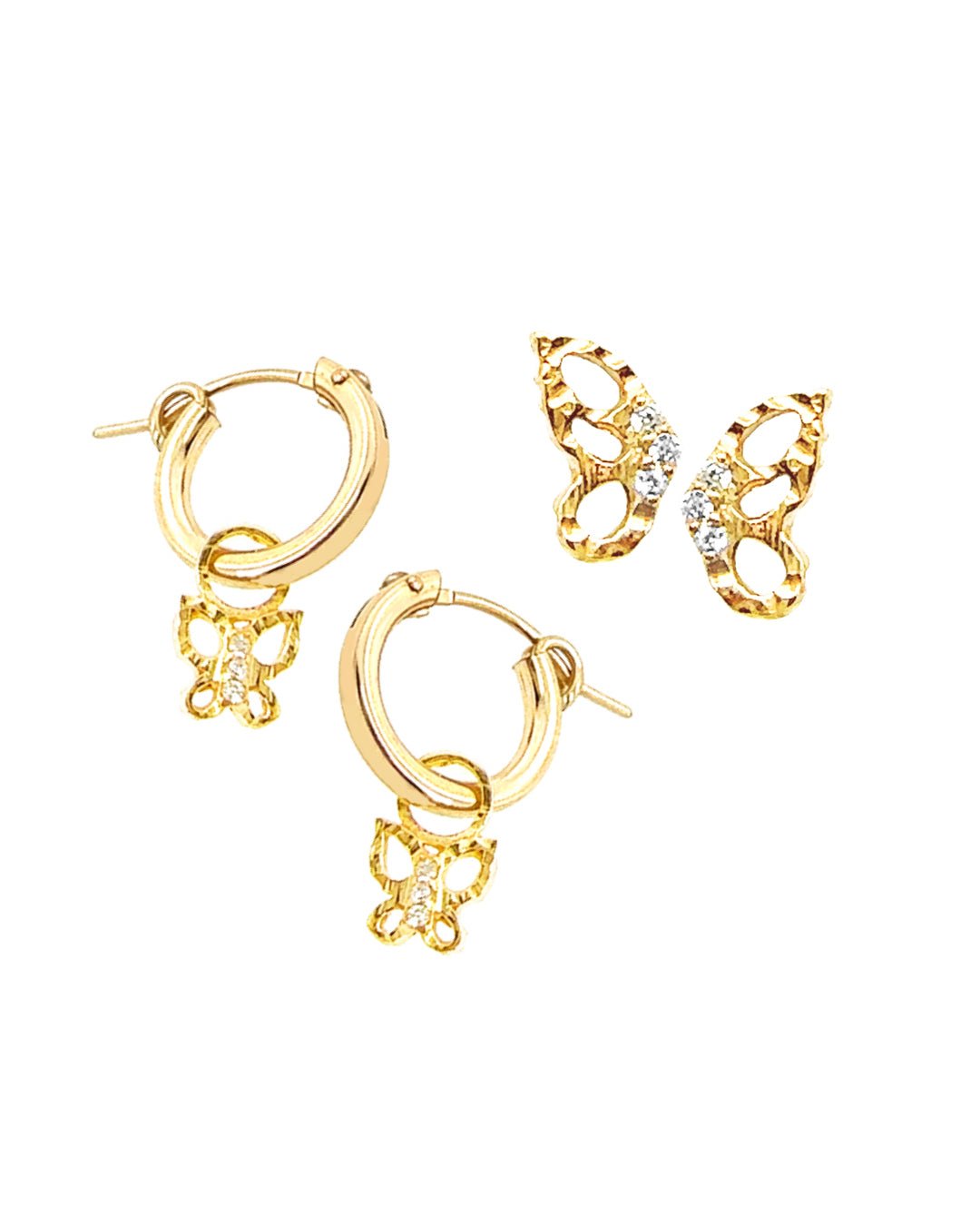 14k gold fill butterfly charm hoops and flutter earring studs.