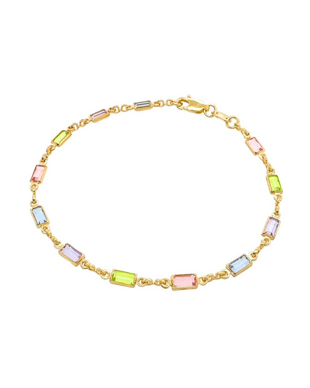 Gold fill bracelet in pink, blue and purple bezel gems