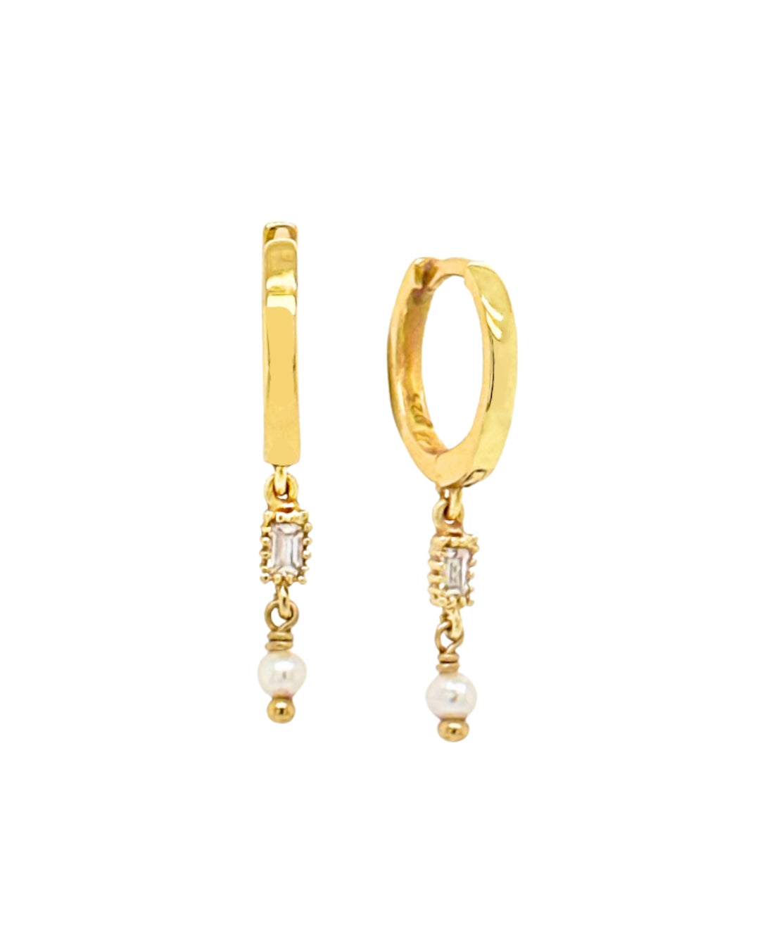 Gold vermeil hoop earrings featuring vintage-inspired marquise detailing and a delicate freshwater pearl drop, displayed against a white background.