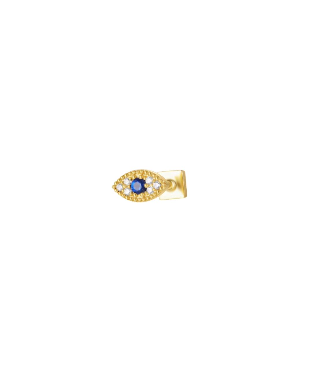 Reversible gold vermeil flatback stud earring featuring a front evil eye design with white and sapphire-blue crystals and a polished gold square backing, displayed on a white background.