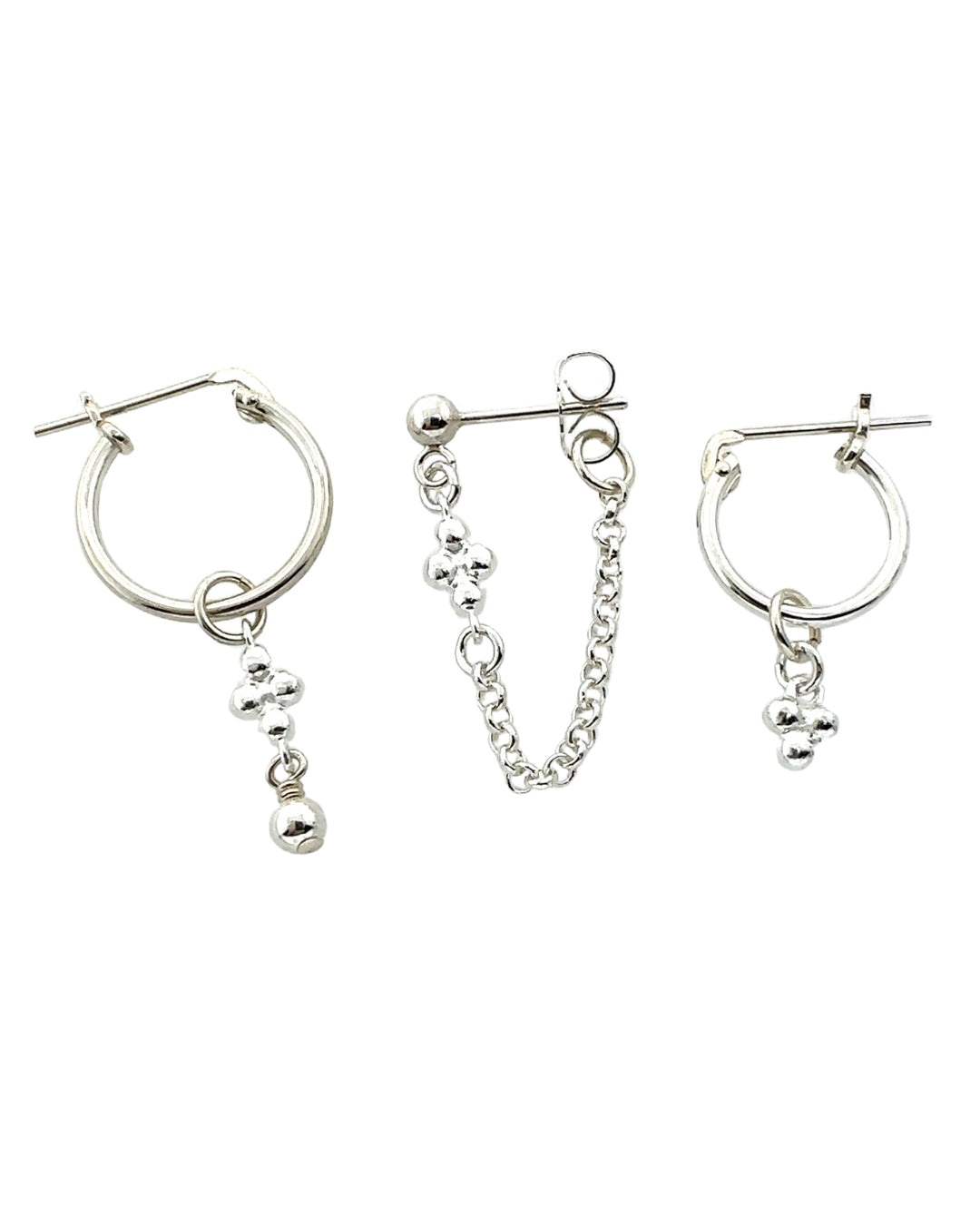 Sterling silver mini spheres trinity ball satellite hoops Huggies and chain stud earrings set