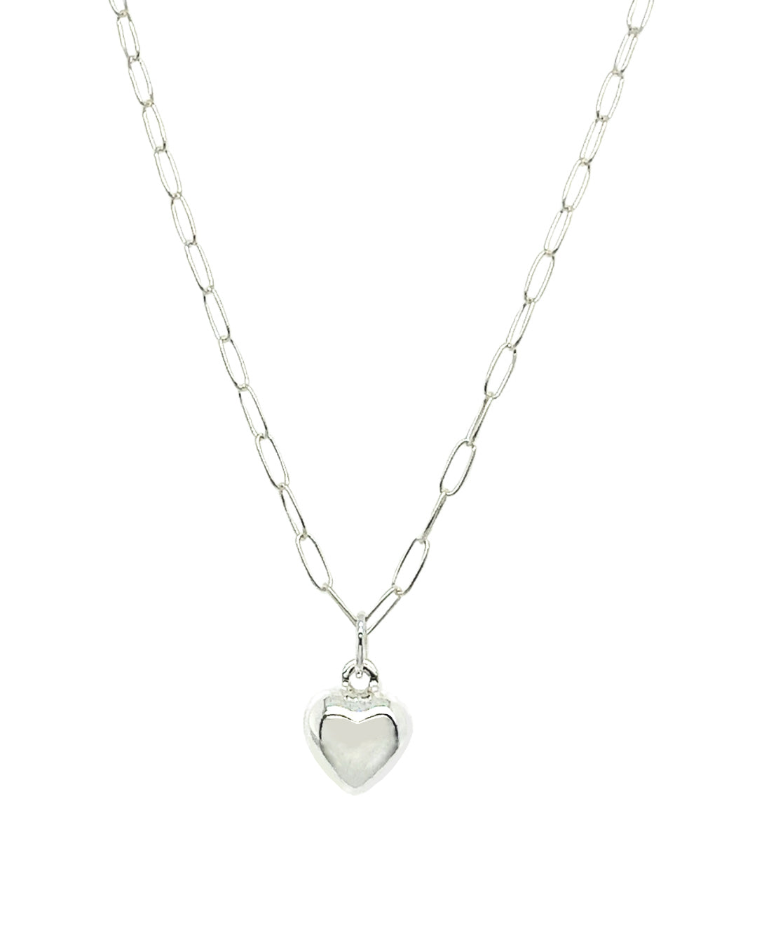 Sterling Silver Puffy Love Heart Pendant on a silver paperclip necklace chain