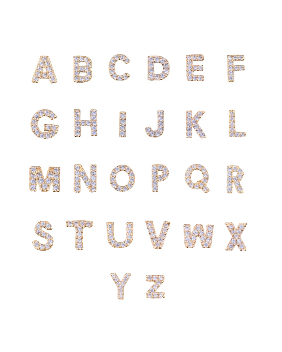 14k gold fill pavé A to Z letter charms for personalised necklaces or bracelets, dainty custom jewellery pieces