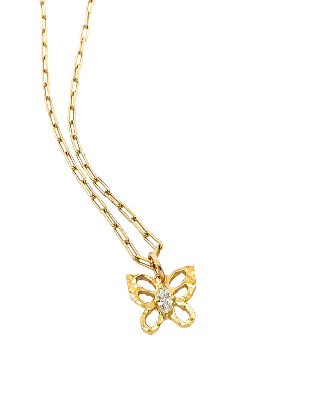 14k gold fill textured butterfly talisman protection pendant on gold paperclip necklace chain with sparkly crystal centre