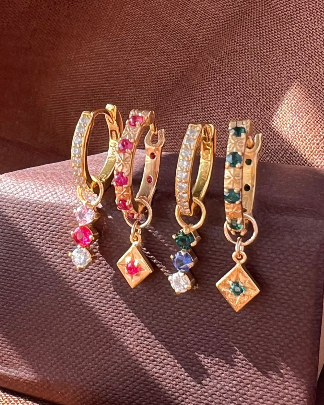 14k yellow gold fill Asteria Ruby Earring charm for huggie hoops earrings. Birthstone charm for earrings and necklace. Made in Australia. July Birthstone. Personalised jewellery.