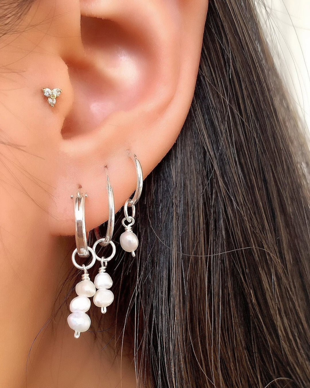 Sterling silver freshwater two pearl duo earring charms for Huggie hoops earrings. Made in Australia.