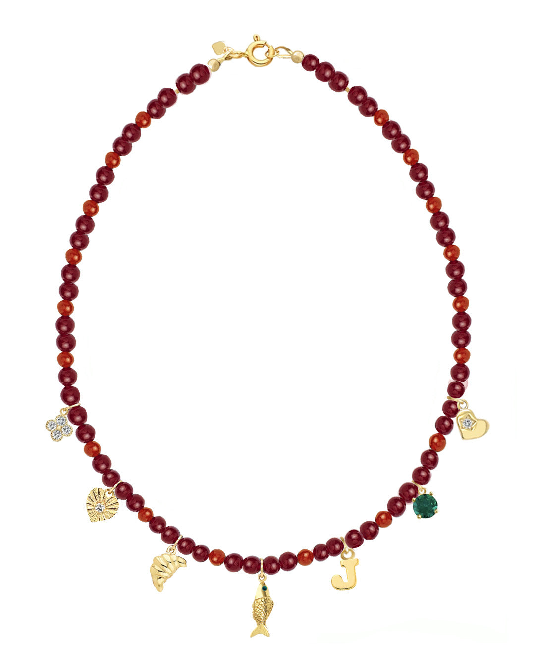 Garnet Charm Necklace with gold filled charms on a white background