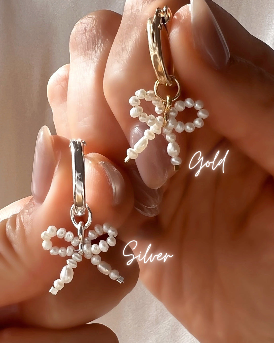 Silver freshwater pearl bow hoops earrings and gold fill freshwater pearl bow hoops