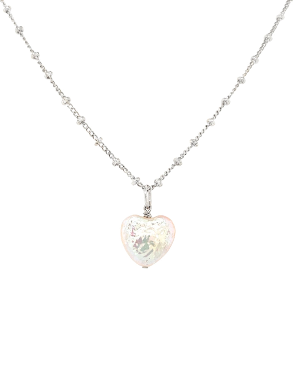 Silver Pearl Heart Pendant on a Sterling Silver Dot Chain Necklace 