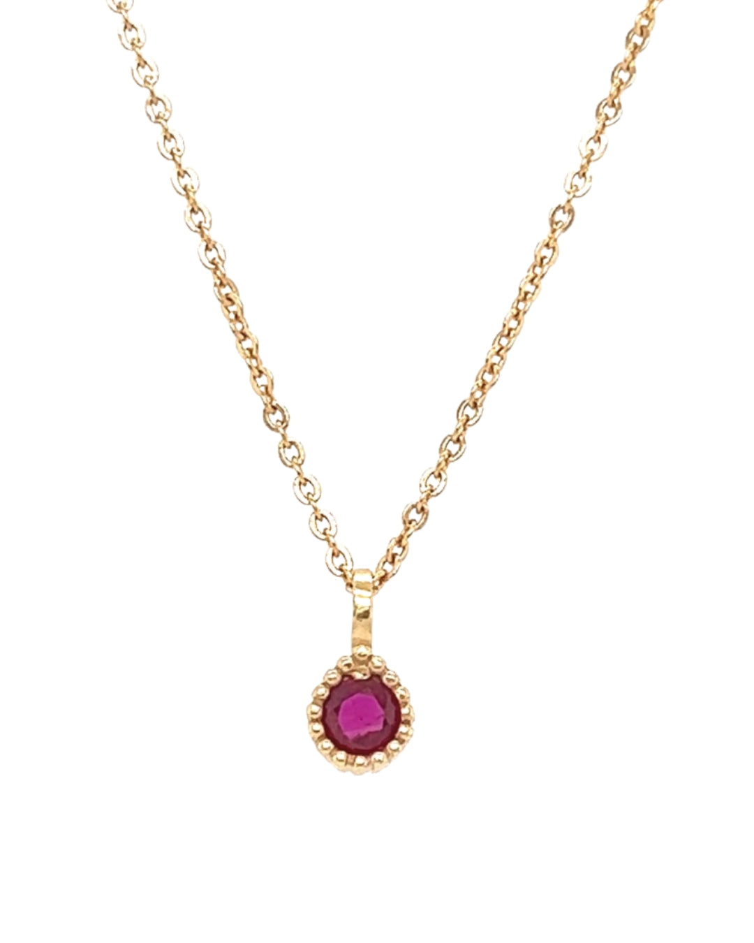 Gold July Birthstone Necklace in Ruby cubic zirconia crystal with a milgrain border. Available in all 12 birthstone months.