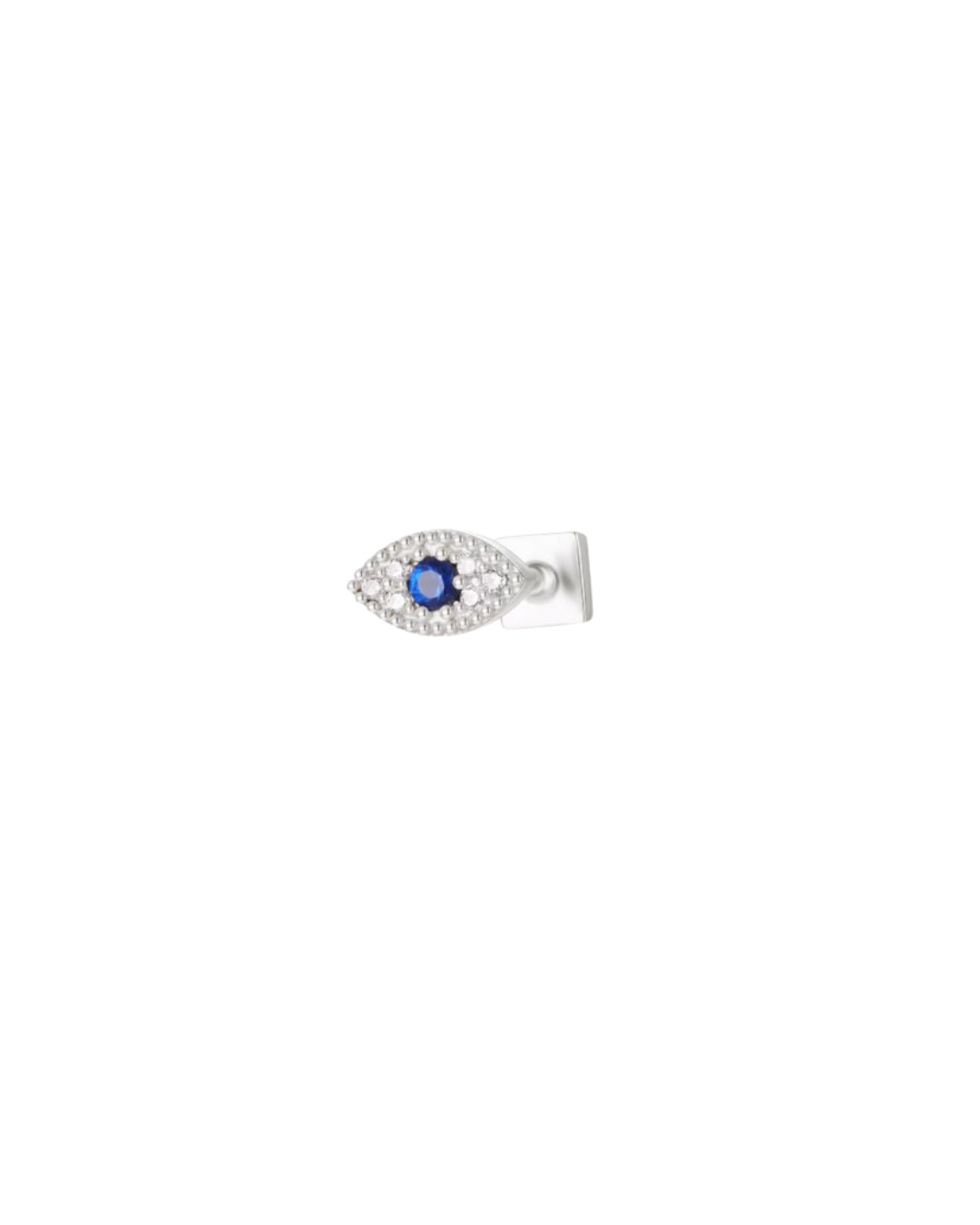 Sterling silver reversible flatback stud earring featuring a front evil eye with sapphire-blue and white crystals and a polished square back, displayed on a white background.
