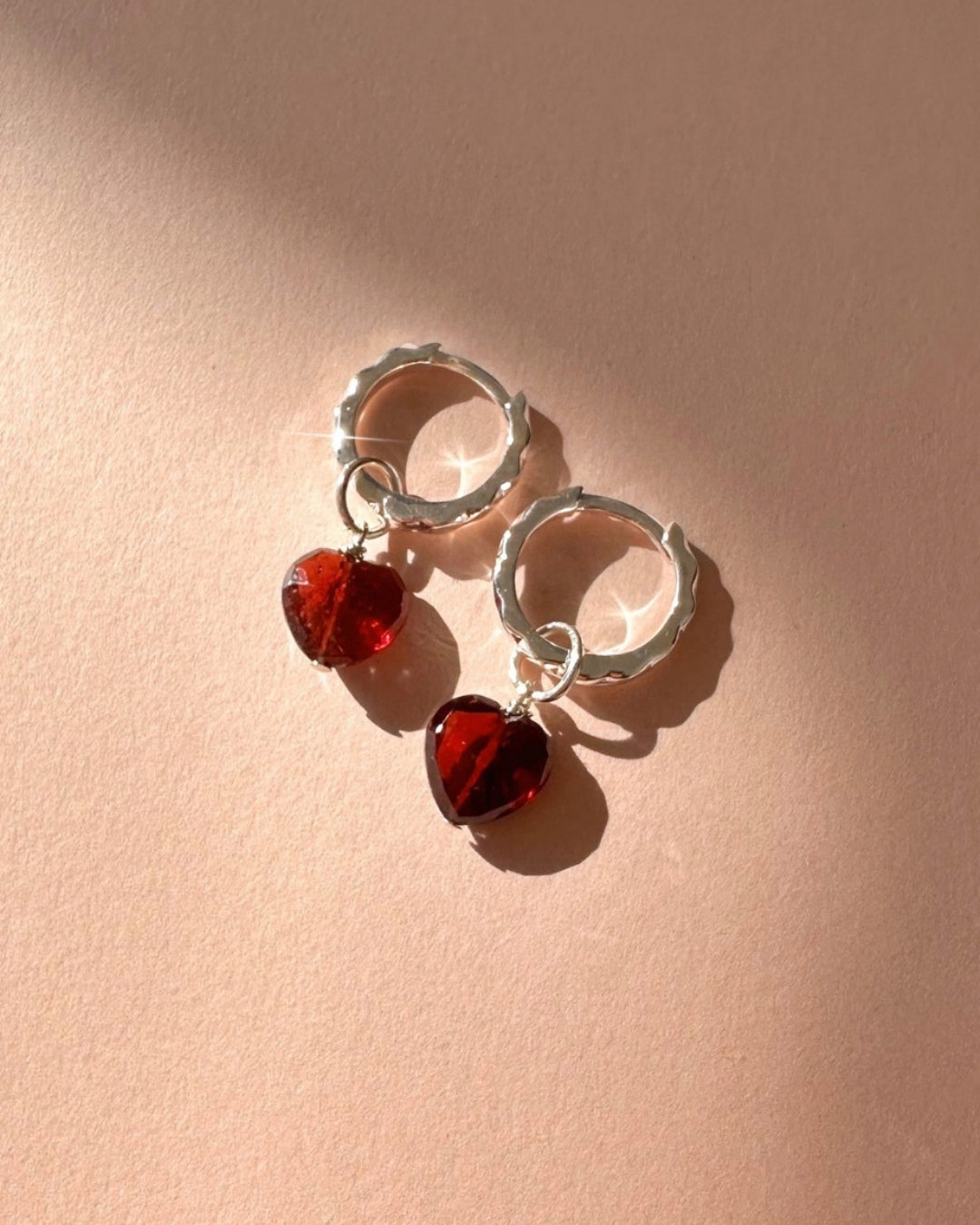 Silver Garnet Heart Earring Charm paired with Silver Vela Hoops. Made in Australia