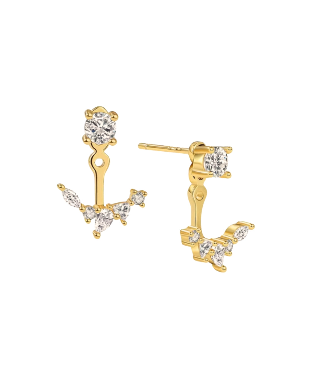 Gold ear jacket earrings with mixed crystal shapes – teardrop, marquise, and round cut sparkle
