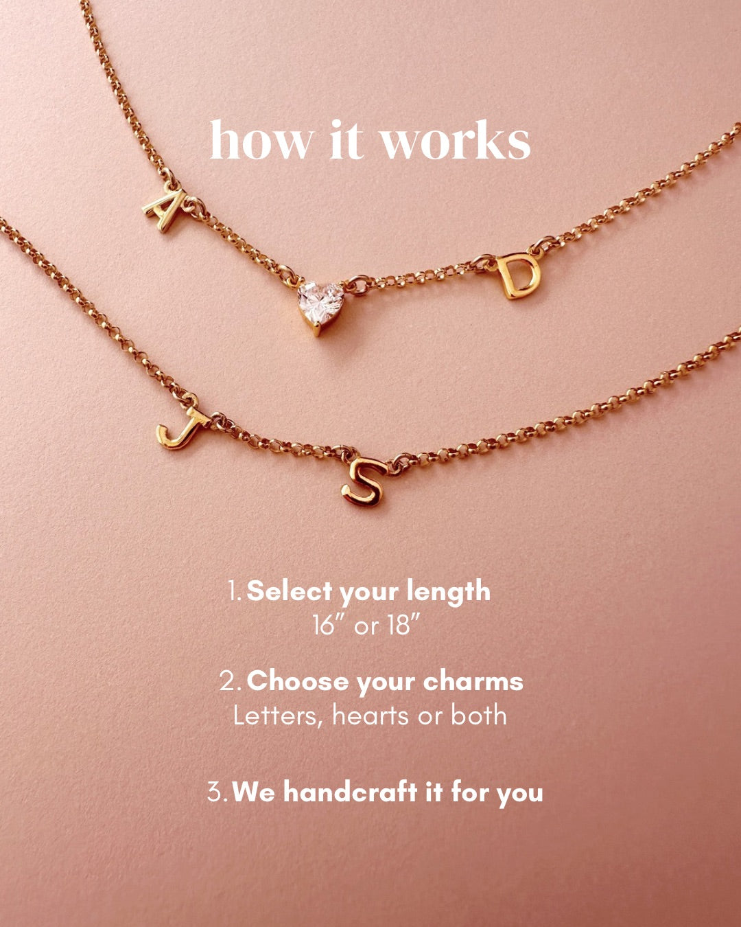 Yellow gold necklaces with letters and heart charms on a pink background, showing you how to select your options.