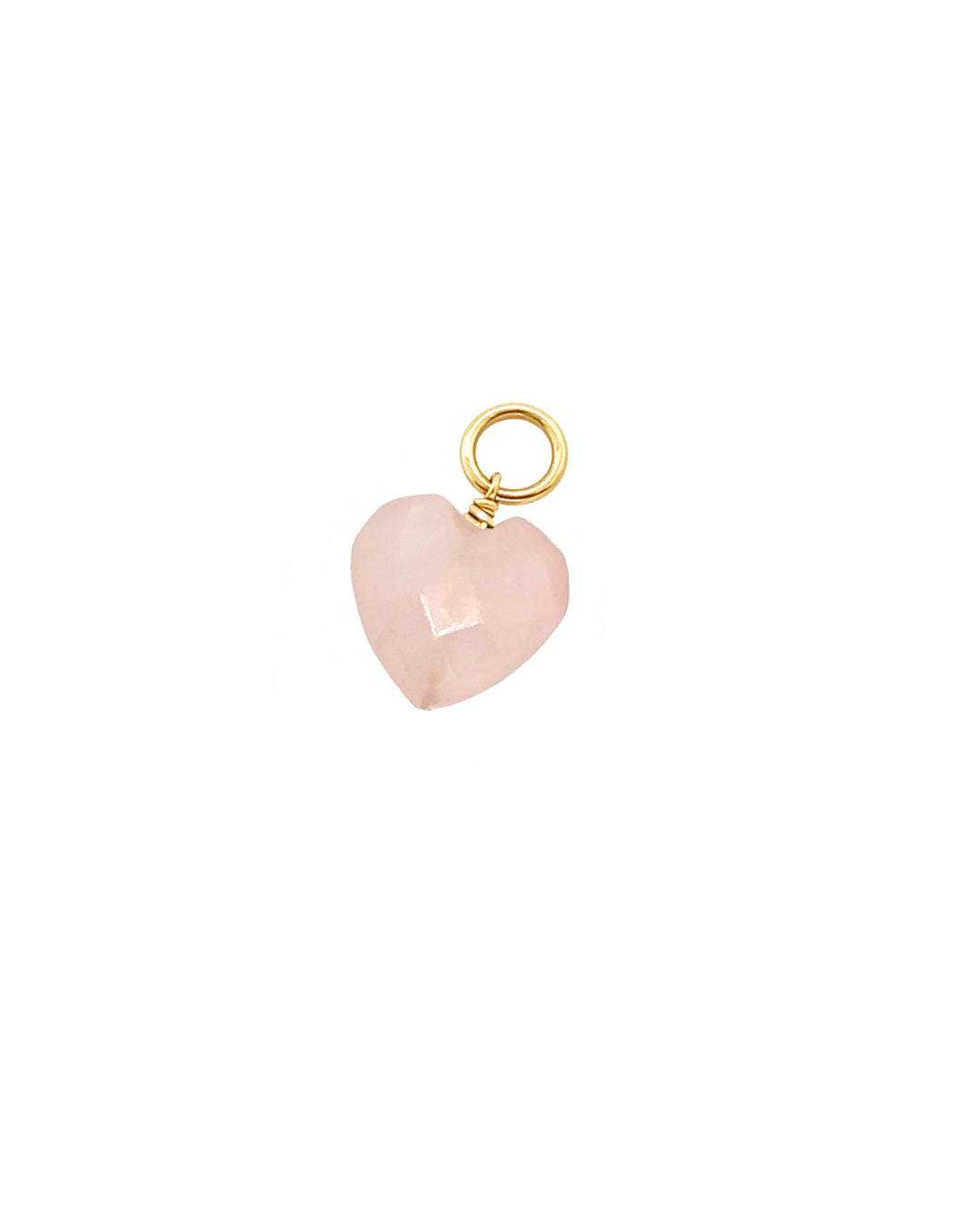 Close-up of a genuine rose quartz heart earring charm in 14k gold fill, approximately 10mm in size, designed to fit all hoops in the Mix and Match Earrings collection. Soft pink gemstone symbolising love, healing, and compassion, associated with January and October and linked to Taurus and Libra.