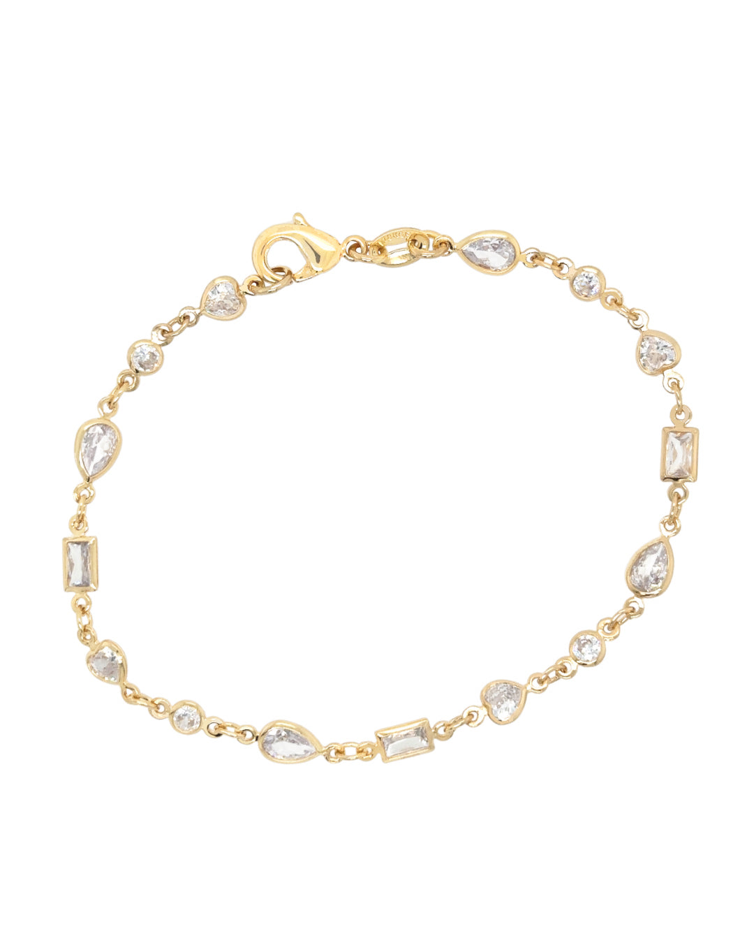 14k gold fill bezel gem tennis bracelet with brilliant cut, heart, baguette cut and teardrop bezel. Made in Australia.