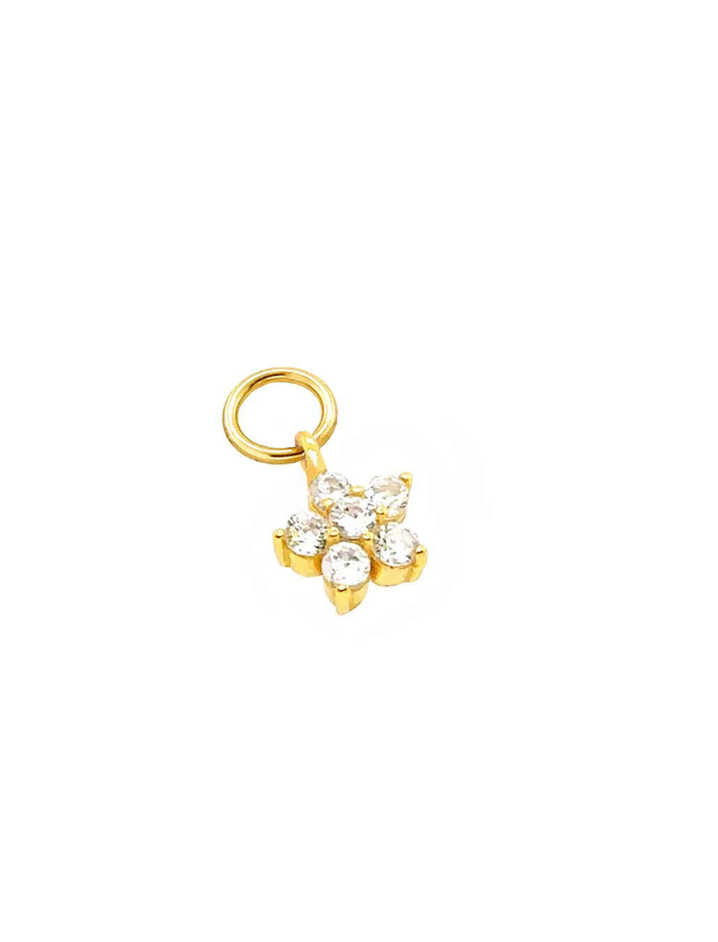 Close up of gold flora earring charm. Suitable for all Romyli hoops in our Mix and Match Earrings collection.