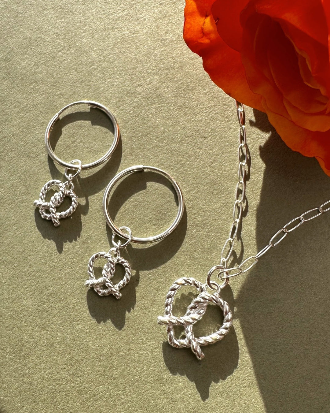 Sterling silver paperclip chain necklace. Made in Australia. For sensitive skin, tarnish resistant, waterproof jewelry. Paired with pretzel heart pendant.