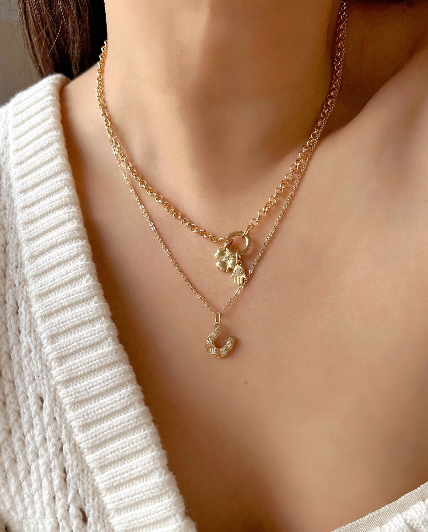 14k Gold fill Rolo annex link clasp necklace on a model