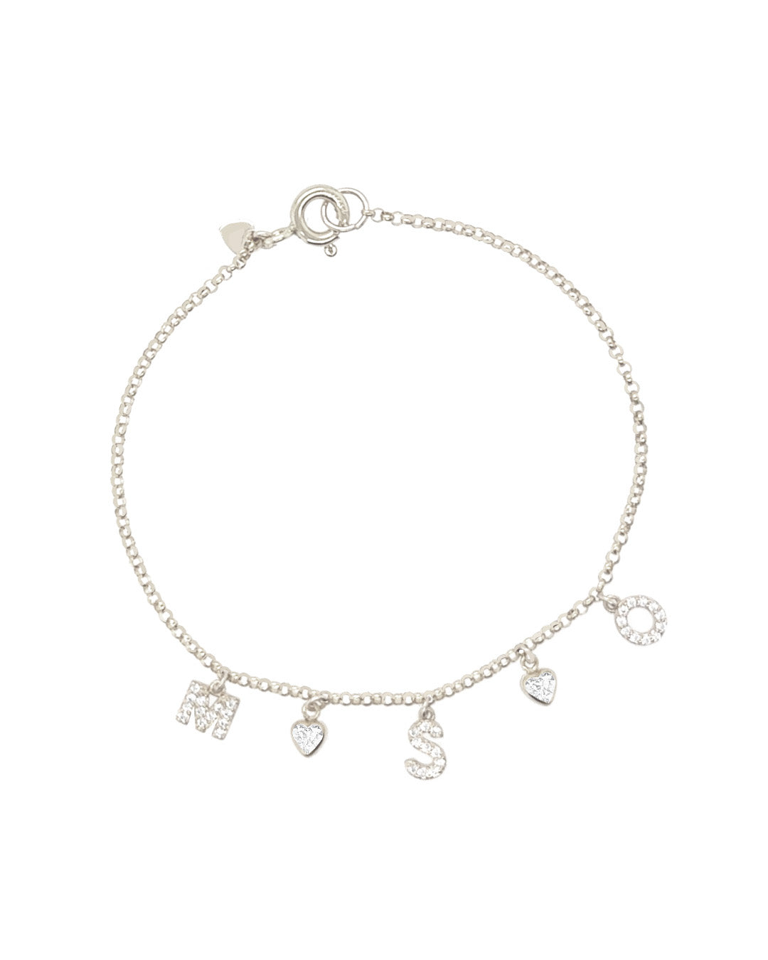 Silver pavé initial bracelet with dainty custom letters and bezel heart charms, personalised sterling silver jewellery for everyday wear
