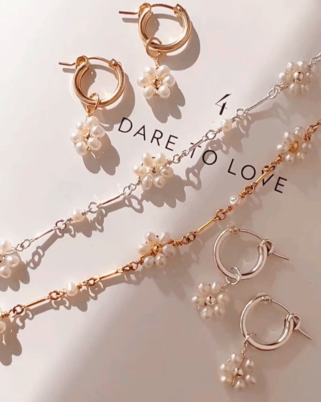 Gold and Sterling Silver Daisy Pearl Necklace and Bracelet