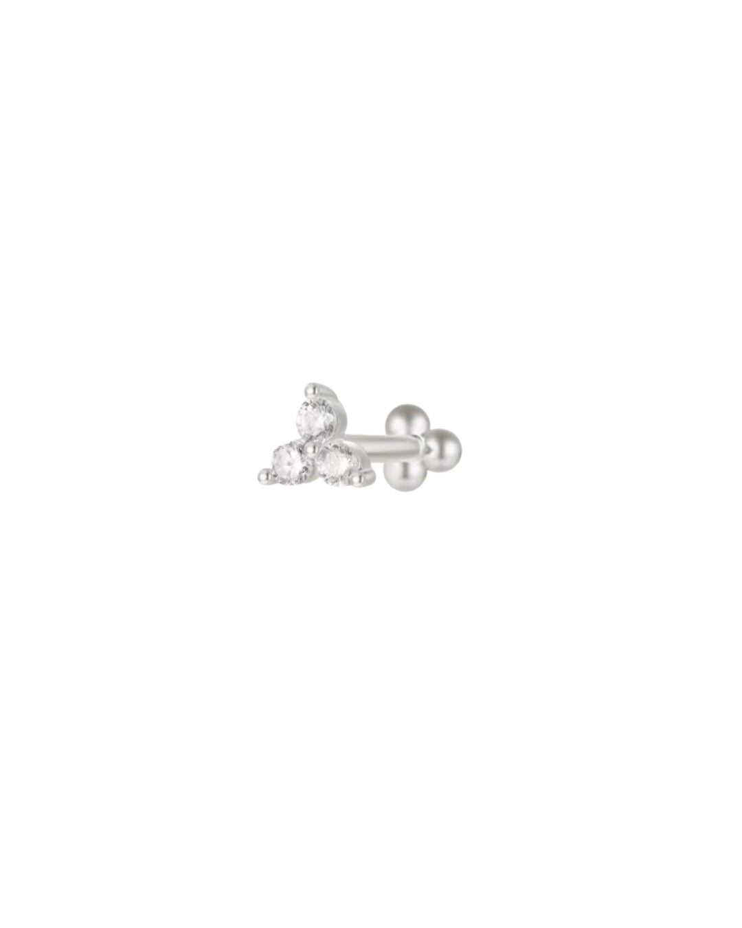 Reversible sterling silver flatback stud earring with a front trio of cubic zirconia crystals and a back trio of polished silver balls, shown on a clean white background.