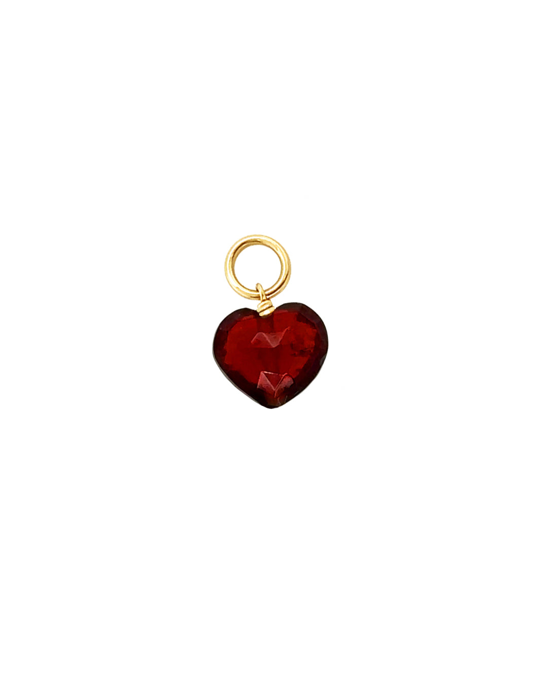 Close-up of a genuine garnet heart earring charm in 14k gold fill, approximately 9mm in size, designed for mix-and-match styling. Rich red gemstone symbolising love, passion, and protection, compatible with all hoops in the Mix and Match Earrings collection.