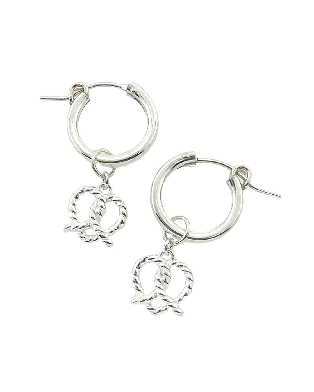 925 Sterling Silver Pretzel Heart Earring Charms on silver hoop Huggie earrings
