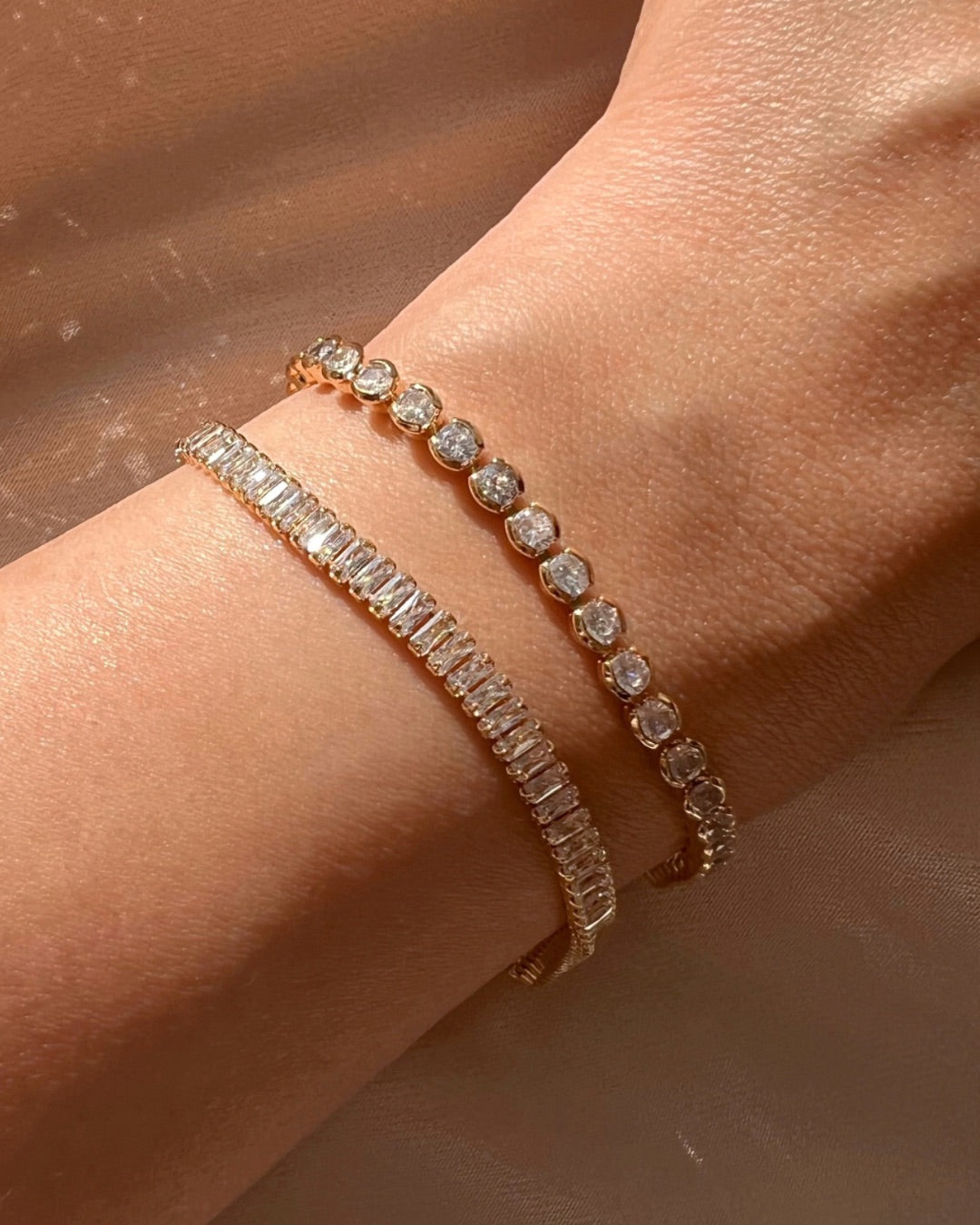 14k yellow gold fill classic crystal tennis white diamond choker bracelet on a model