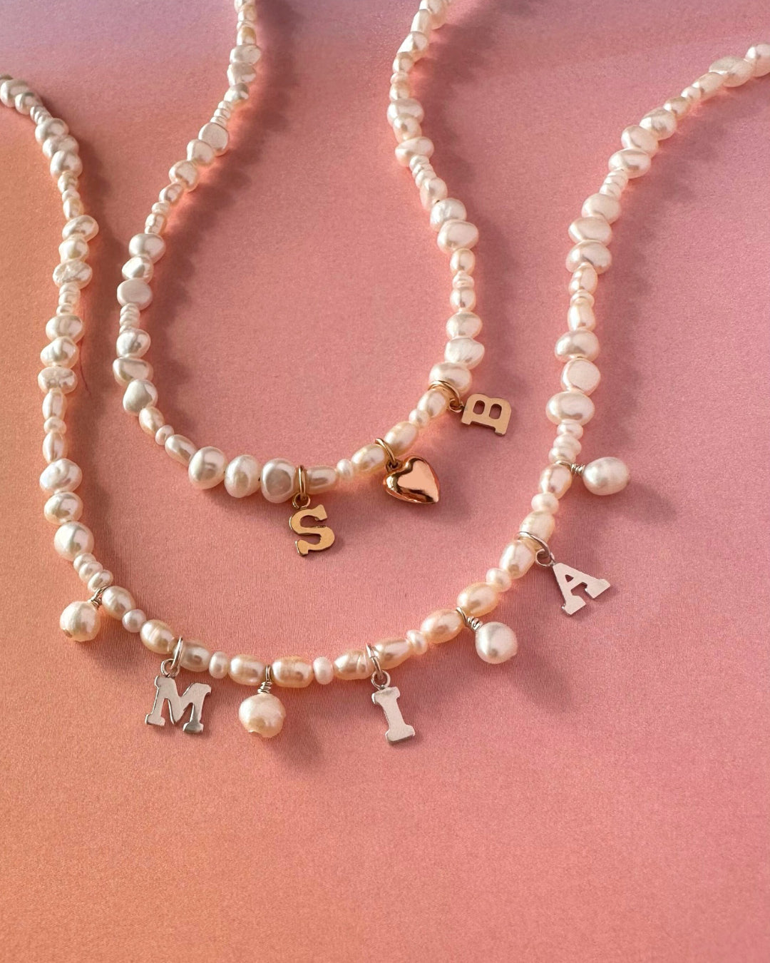 14k gold fill and Sterling silver Classic Pearl Initial Choker with organic freshwater pearls and customisable initials, puffy heart or mini pearl charms.