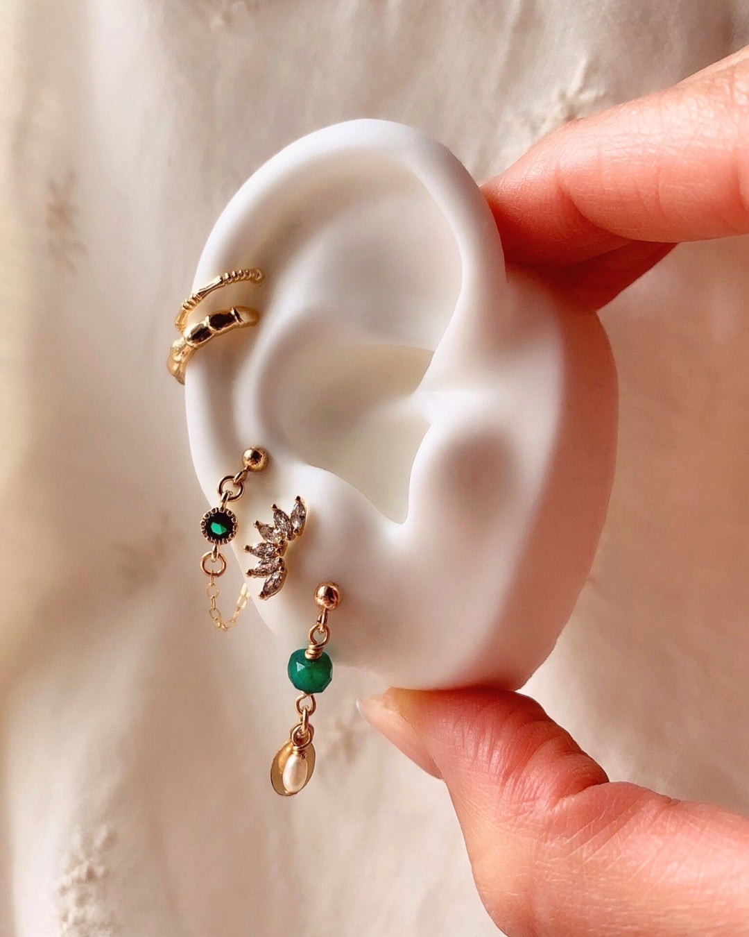 14k gold fill envy chain studs earrings in green emerald cubic zirconia crystal