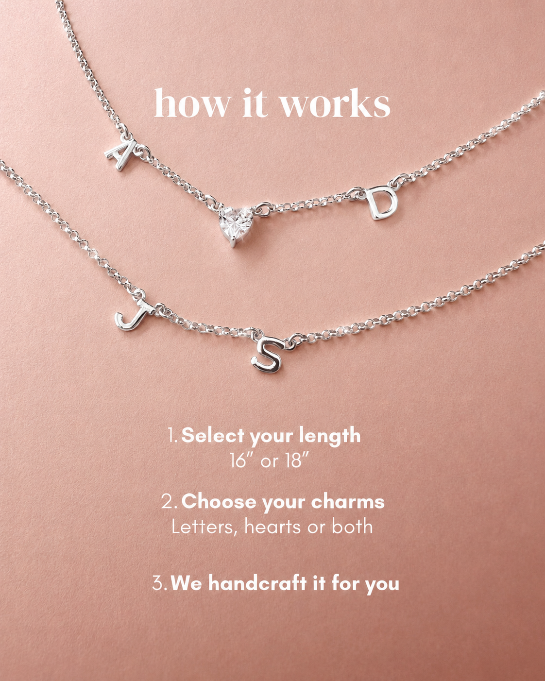 A pink graphic showing two silver necklaces with initial charms labeled A, D and J, S, plus a heart charm, with text reading 'how it works' and steps for personalization.